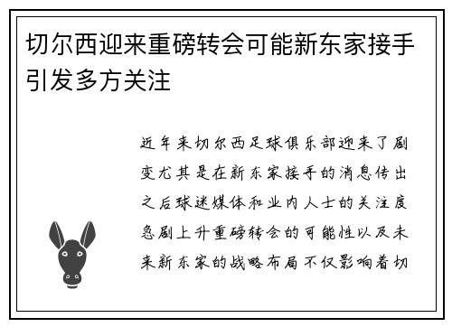 切尔西迎来重磅转会可能新东家接手引发多方关注